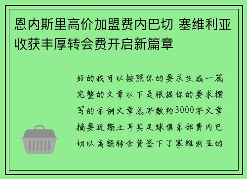 恩内斯里高价加盟费内巴切 塞维利亚收获丰厚转会费开启新篇章